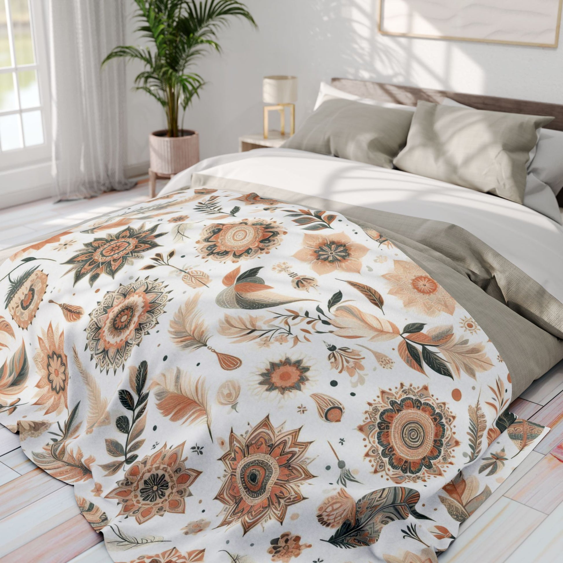 Flower, Feather And Leaves Pattern | Arctic Fleece Blanket