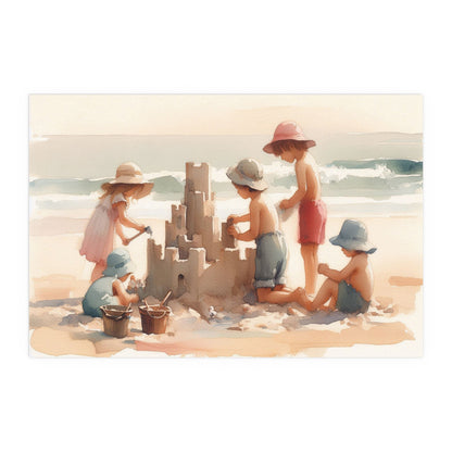 Kids building a Sandcastle on a Beach | Indoor and Outdoor Silk Poster